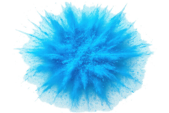 Blue powder explosion bursting outwards, creating an abstract splash of dust color on a transparent background