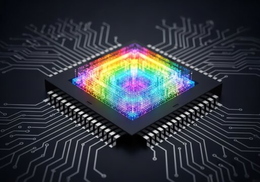 Colorful central processing unit chip with glowing circuit connections