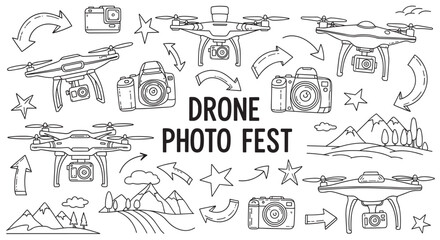A charming doodle set in black and white line art style featuring various drones, cameras, arrows, and nature scenes, illustrating the concept of aerial photography and videography