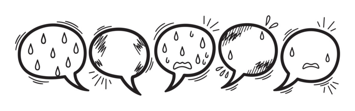 A set of hand-drawn doodle speech bubbles expressing sadness, crying, and despair, representing negative emotions and mental health concepts on a white background