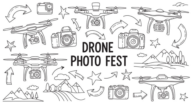 A charming doodle set in black and white line art style featuring various drones, cameras, arrows, and nature scenes, illustrating the concept of aerial photography and videography