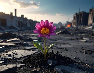 A vibrant pink flower blooms amidst the rubble of a war-torn cityscape, symbolizing hope and resilience