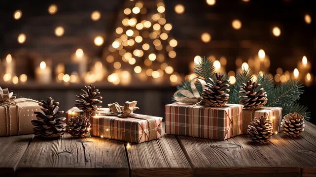 Beautifully Wrapped Christmas Gifts with Pine Cones and Warm Lights for Holiday Decor