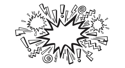 A hand-drawn comic book style explosion with a blank speech bubble in the center, surrounded by dynamic doodles like lightning bolts and exclamation marks on a beige background