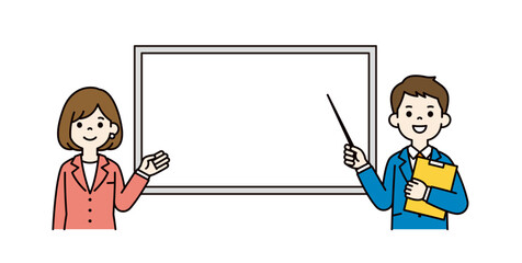 ホワイトボードと、指示棒を持って説明するビジネスマンの上半身ベクターイラスト素材＿カラー