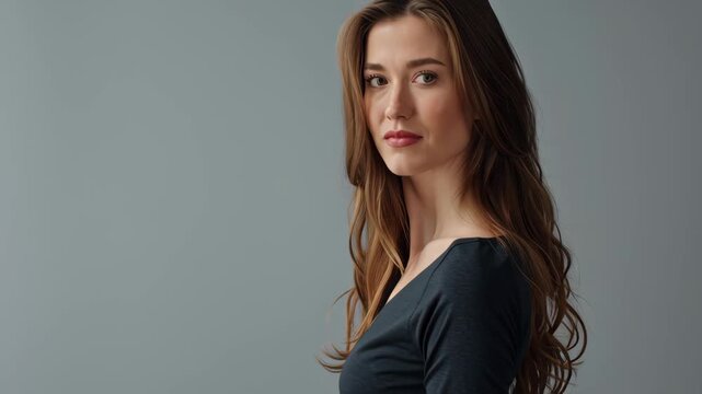 Beautiful woman with long hair gazing thoughtfully against a neutral background