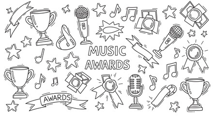 Fototapeta premium A collection of hand-drawn doodle illustrations on a white background, featuring trophies, microphones, stars, and musical notes for a festive music awards ceremony concept