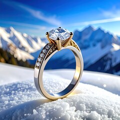 A sparkling, gold and silver engagement ring with diamonds sits atop a snowy surface. Mountains and a blue sky form a backdrop