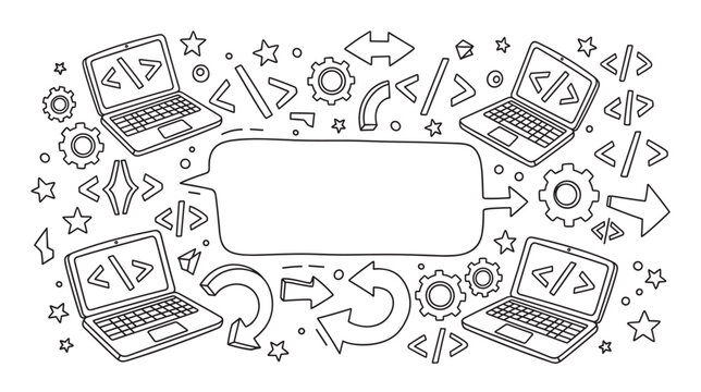 Hand-drawn doodle illustration of laptops, code symbols, and gears surrounding a central speech bubble, representing software development, programming, and IT communication