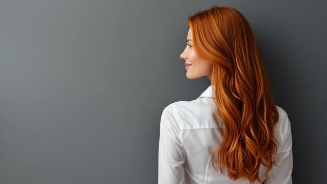 Elegant woman with long hair in professional attire against gray background, stylish and modern
