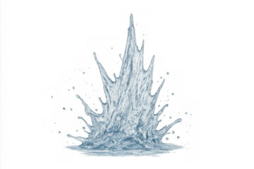 Water splashing upwards, creating a dynamic crown shape with droplets, demonstrating movement and purity. Transparent background