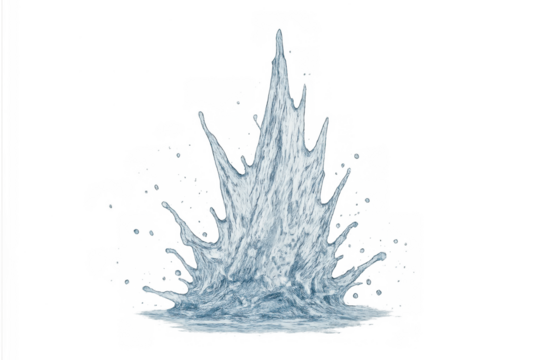 Water splashing upwards, creating a dynamic crown shape with droplets, demonstrating movement and purity. Transparent background