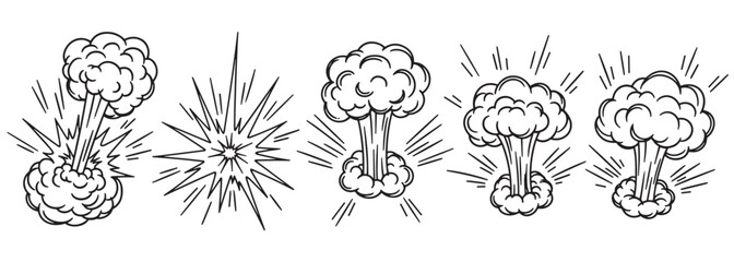 Fototapeta premium A set of hand-drawn comic book style explosion icons, featuring mushroom clouds and burst effects, isolated on a clean white background for graphic design elements