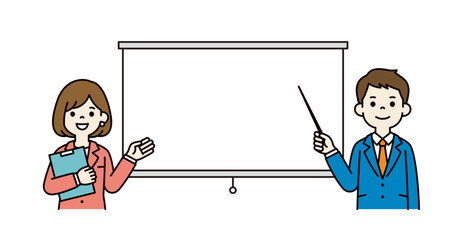 スクリーンと、ポインターを持って説明する男性社員の上半身ベクターイラスト素材＿カラー