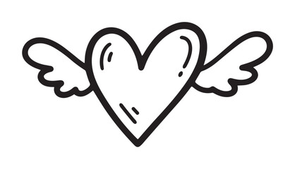 A simple hand-drawn doodle of a heart with angel wings, a romantic symbol of love and affection isolated on a clean white background, perfect for Valentine's Day