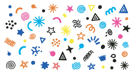 A vibrant collection of colorful, hand-drawn abstract shapes and doodles, including stars, spirals, and geometric forms, creating a playful and modern pattern on a light background