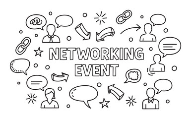 Doodle-style line art illustration for a business networking event, featuring icons of people, speech bubbles, and symbols representing communication and connection