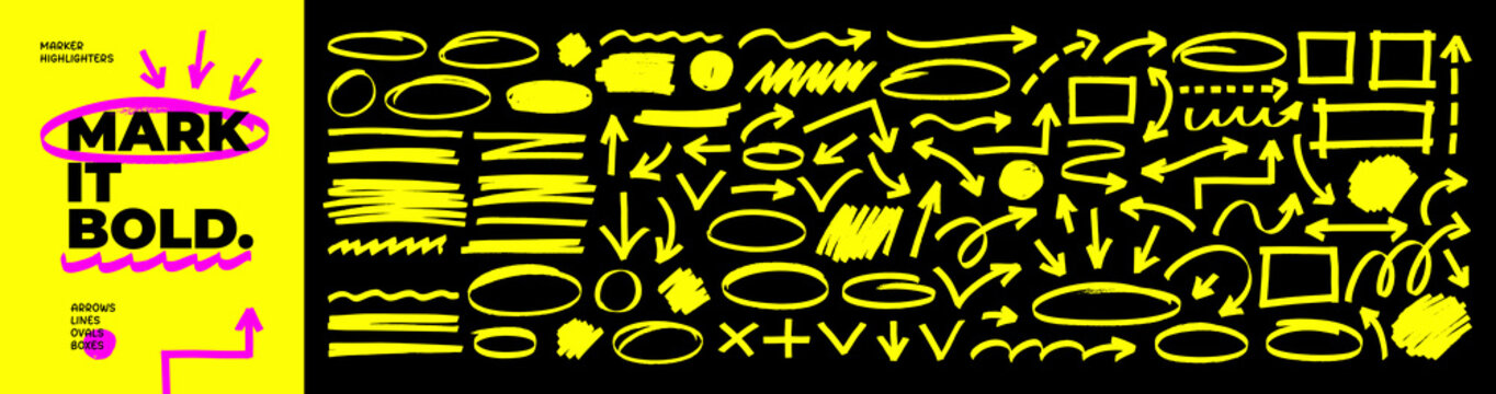 Yellow marker highlighters. Set of arrows, ovals and underlines. Emphasis shape for text design and hand drawn notes. Text highlighter pen, yellow marker, bold underlines and strokes.