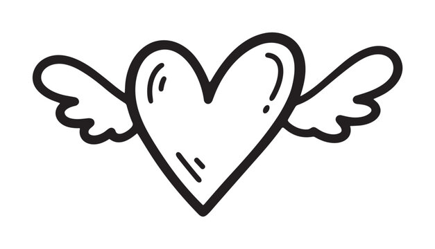 A simple hand-drawn doodle of a heart with angel wings, a romantic symbol of love and affection isolated on a clean white background, perfect for Valentine's Day