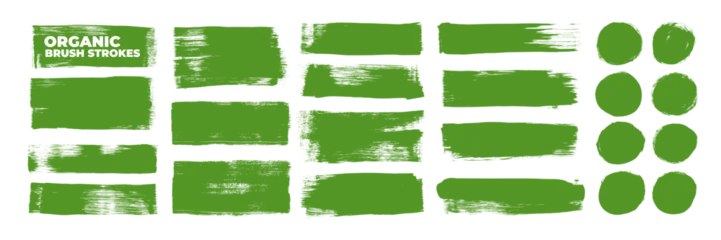 Fototapeten Pony Green bold eco brush strokes and circle tags. Hand drawn nature-inspired badge design. Handmade seals and bold straight brush strokes for eco labels and tags. Vegan product stickers.  © Anastasiia Hevko