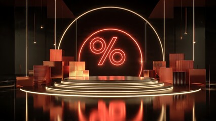 Dramatic neon percentage sign illuminates a futuristic stage with gift boxes evoking excitement for sales and promotions