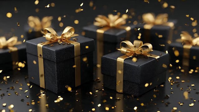 Elegant black gift boxes adorned with golden ribbons and sparkling confetti creating a luxurious festive atmosphere for celebrations - Powered by Adobe
