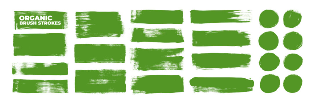 Green bold eco brush strokes and circle tags. Hand drawn nature-inspired badge design. Handmade seals and bold straight brush strokes for eco labels and tags. Vegan product stickers.