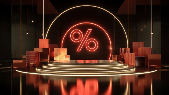 Dramatic neon percentage sign illuminates a futuristic stage with gift boxes evoking excitement for sales and promotions - Powered by Adobe