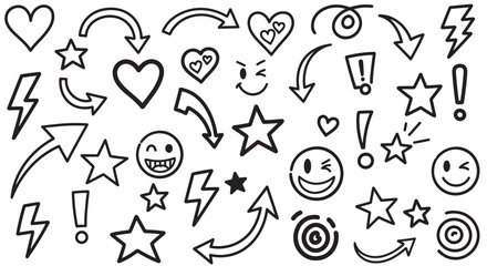 Fototapeta premium Collection of various hand-drawn doodle icons in black outline, featuring cute hearts, stars, arrows, lightning bolts, and emoticons isolated on a plain white background