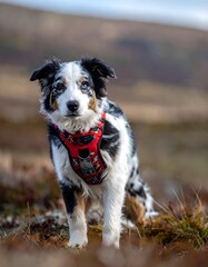 A stunning, medium-sized canine with striking heterochromia stands in a field. It has patterned fur and a red harness, looking alert