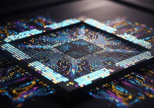 Complex ai chip circuit board with gold and blue connections
