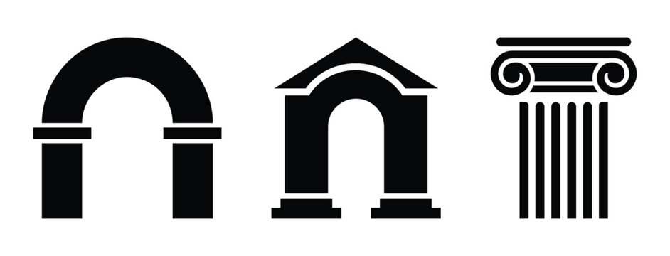 Architectural icons set  of rounded archway, portico entrance, and ionic column, representing classic, roman, greek, and historical design