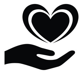 Hand holding a stylized heart icon, symbolizing care, giving, love, donation, charity, kindness, health, and compassion concepts