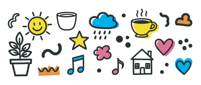 Set of various simple and cute doodle illustrations representing daily life, weather, and positive emotions, featuring a sun, house, heart, and music notes in a naive art style