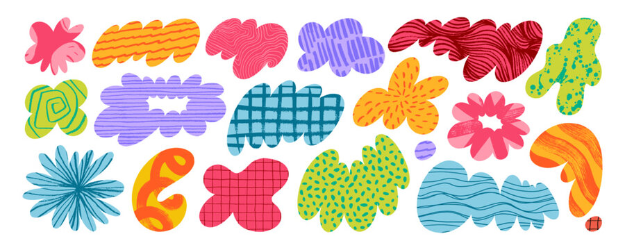 Colorful organic irregular forms and shapes with crayon drawn patterns, doodle and scribbles. Inky colorful blobs, y2k style collage stickers. Hand drawn wavy cloudy shapes with textures.