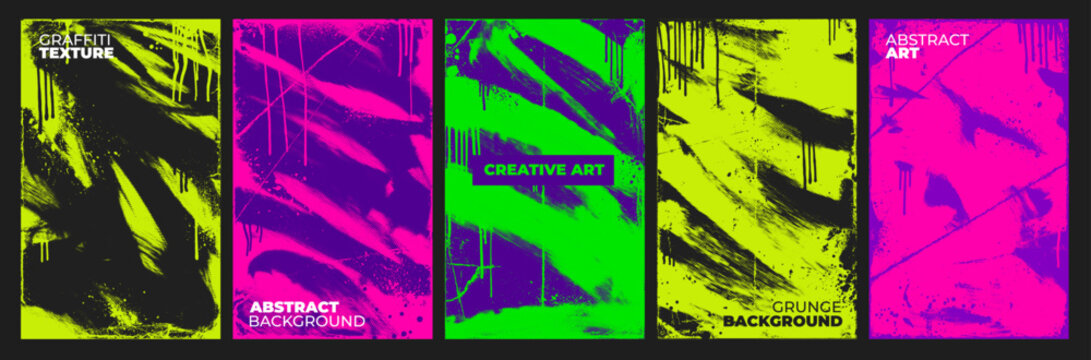 Punk grunge neon poster background with text place, paint splatters and drips. Graffiti spray paint effect, halftone texture background. Bold wavy brush strokes, urban street art punk template design.