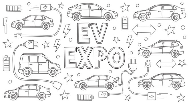 A hand-drawn doodle illustration set for an EV expo, featuring various electric cars, charging stations, plugs, and batteries in a black and white coloring page style