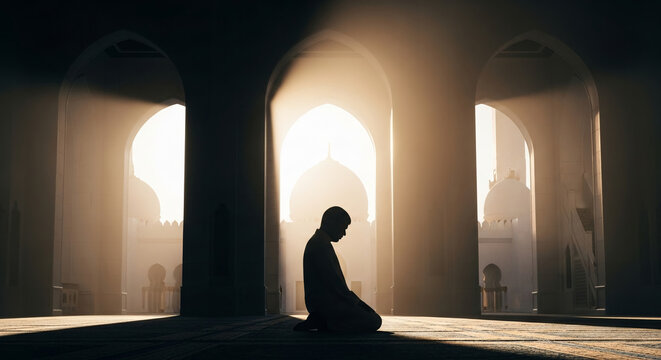 Silhouette of a man praying inside a grand architectural hall with warm light shining through arches, creating a serene and spiritual atmosphere.