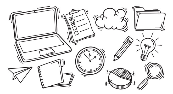Set of black line art sketch icons for business and office themes, including a laptop, checklist, lightbulb, and chart, illustrating productivity and creative thinking