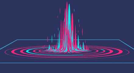 Dynamic abstract visualization of digital data flow with vibrant pink and blue lines radiating upwards from a central point, creating an energetic futuristic display.