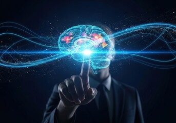 Businessman touches digital brain with light. artificial mind