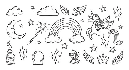 Naklejka premium A charming collection of hand-drawn magical and fantasy elements, including a unicorn, rainbow, moon, and stars, in a simple black outline doodle style on a light background