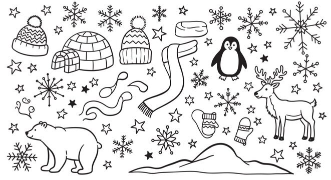 Cute winter-themed doodle set with arctic animals like a polar bear and penguin, festive snowflakes, and cozy clothing items illustrated in a simple black line art style