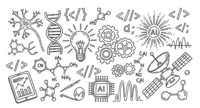 A collection of hand-drawn doodle icons representing science, technology, artificial intelligence, and innovation, including a neuron, DNA, microchip, and lightbulb on a beige background