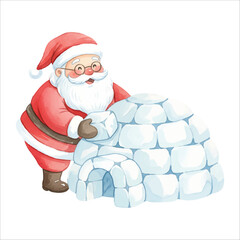 Santa Claus Building Igloo Watercolor Vector Isolated on White Background
