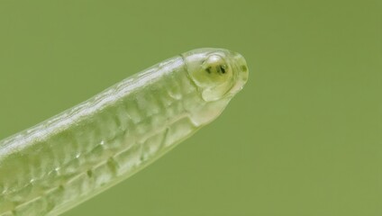 Close up of a translucent green snake head against a plain green background.