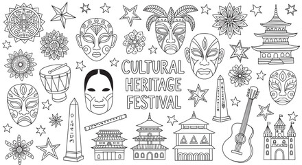 A black and white line art illustration set celebrating a cultural heritage festival with diverse global symbols like masks, pagodas, instruments, and landmarks on a white background