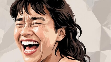 Joyful Asian Woman Laughing with Closed Eyes and Open Mouth.