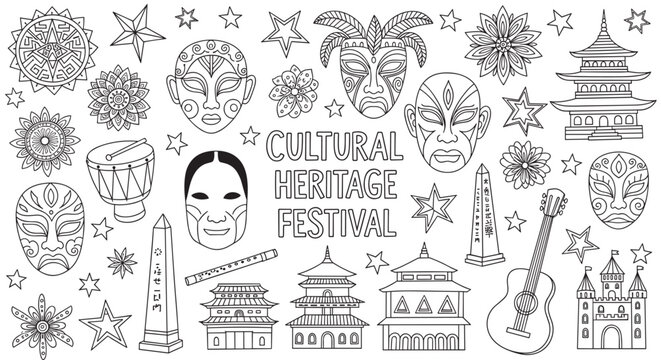A black and white line art illustration set celebrating a cultural heritage festival with diverse global symbols like masks, pagodas, instruments, and landmarks on a white background