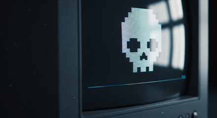 A digital skull displayed on an old monitor suggests a warning about data security in the technology landscape.